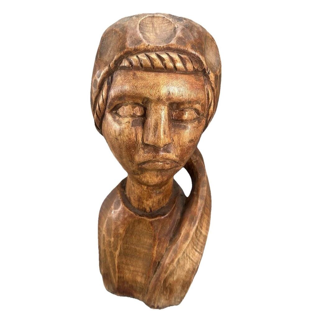 Vintage Caribbean Hand carved Wooden Woman‎ Bust Sculpture with Scarf 11"